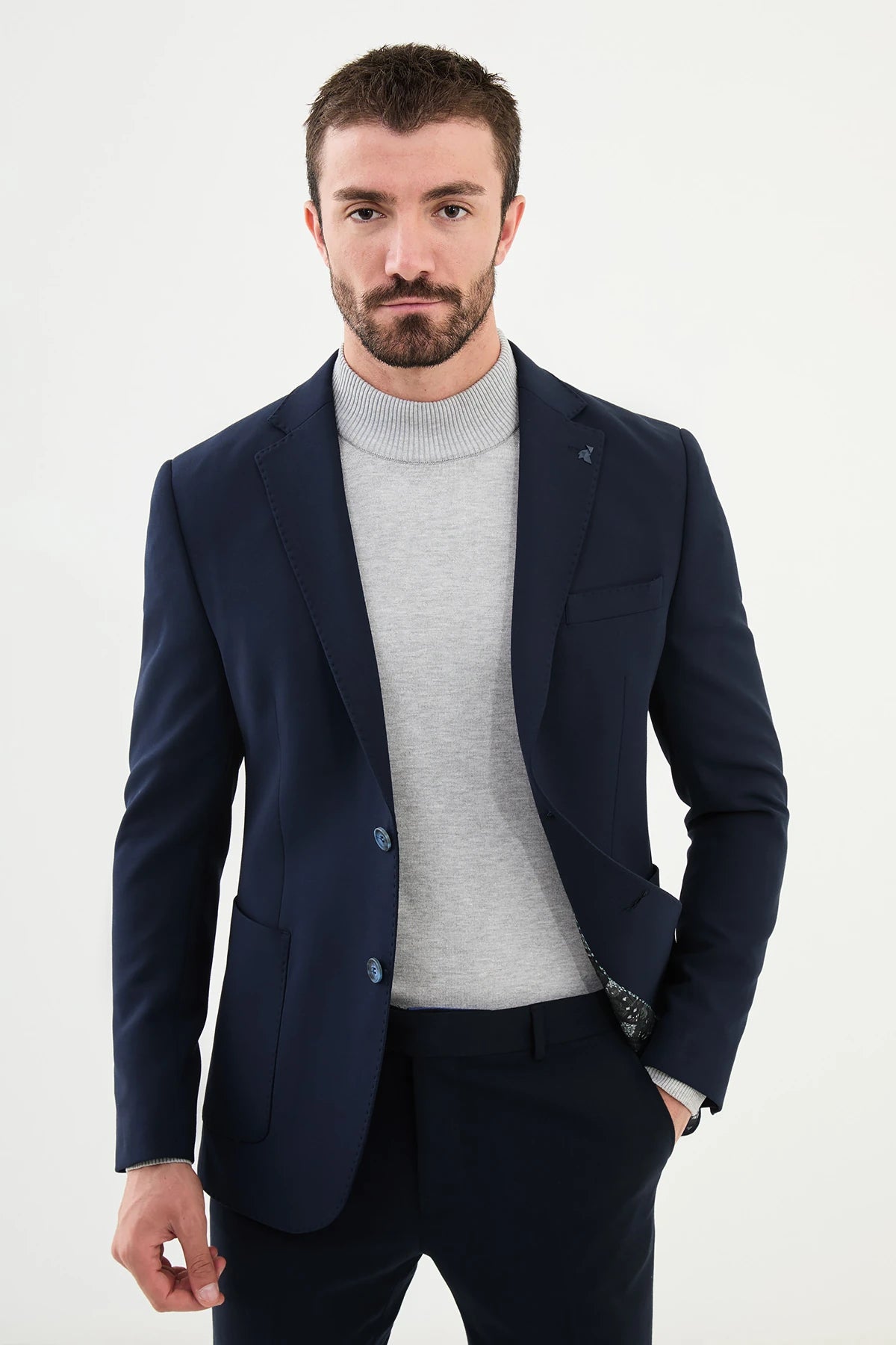 Casual Layers Bojoni Capena Straight Slim Fit Mono Collar Navy Blue Wool Blazer