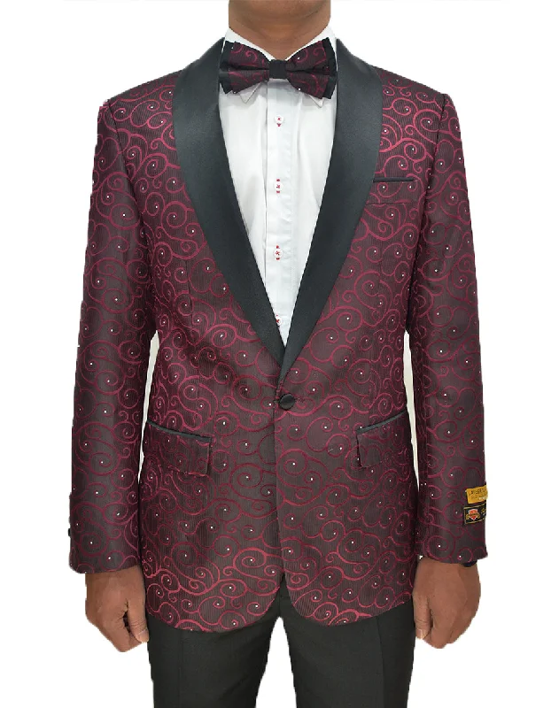 Contemporary Tailoring Mens Swirl & Diamond Pattern Tuxedo Jacket in Burgundy & Black Contemporary Tailoring Mens Swirl & Diamond Pattern Tuxedo Jacket in Burgundy & Black