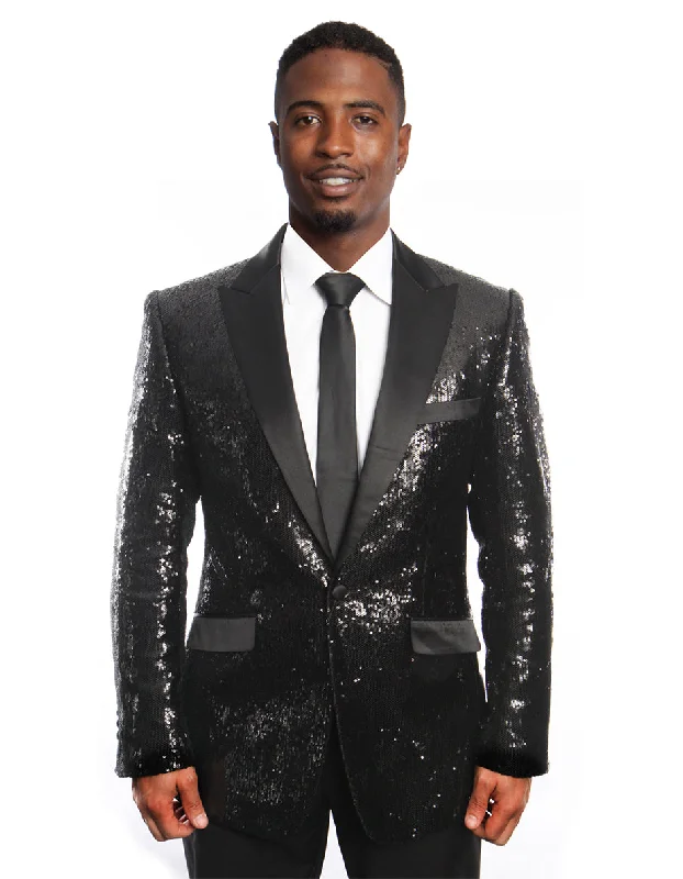 Retro Aesthetic Black Sequin Tuxedo Blazer