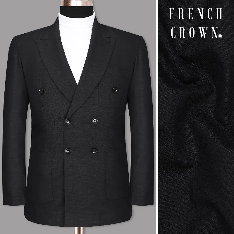 Clean Lines Jet Black Solid Luxurious Linen Double-breasted Sports Blazer