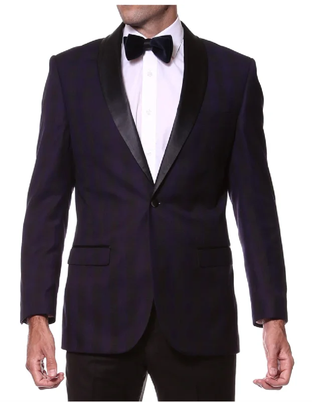 Street Goth Mens 1 Button Plaid Tuxedo Dinner Jacket in Purple