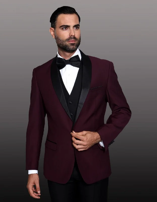 Skateboard Style Mens 1 Button Shawl Lapel Wool Dinner Jacket in Burgundy