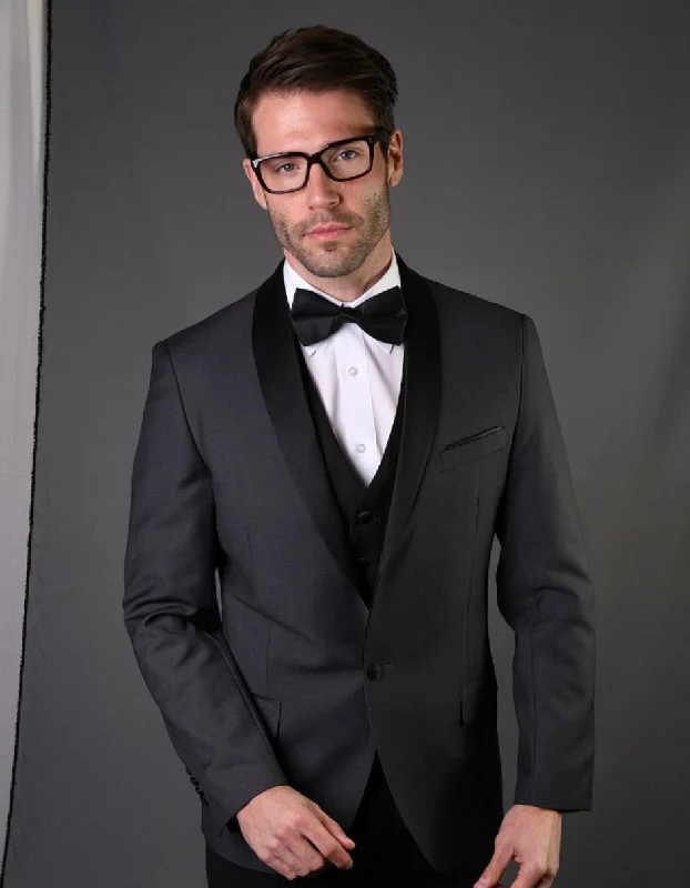 Cottagecore Fashion Mens 1 Button Shawl Lapel Wool Dinner Jacket in Charcoal Grey