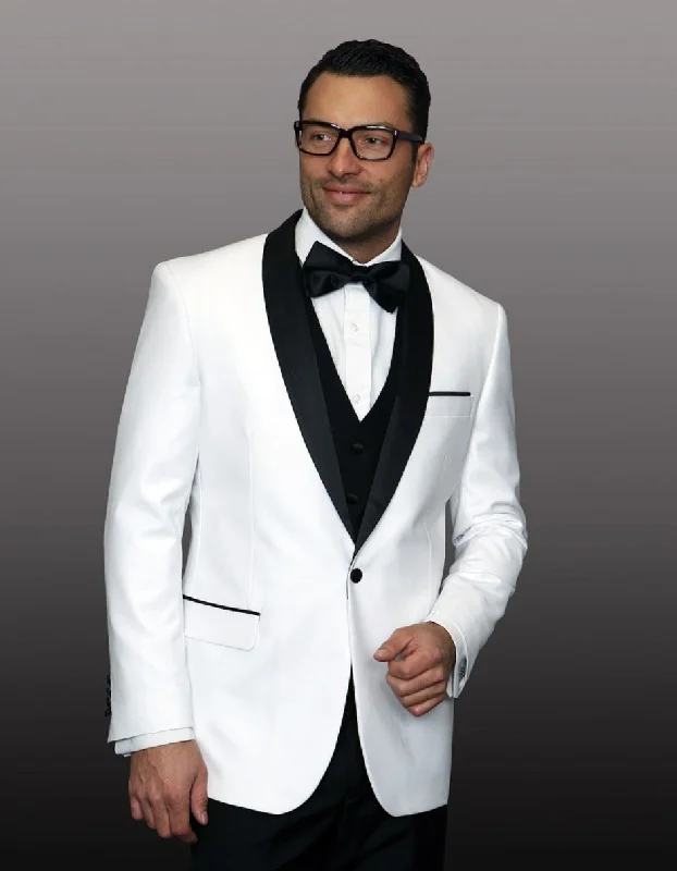 Contemporary Streetwear Mens 1 Button Shawl Lapel Wool Dinner Jacket in White & Black