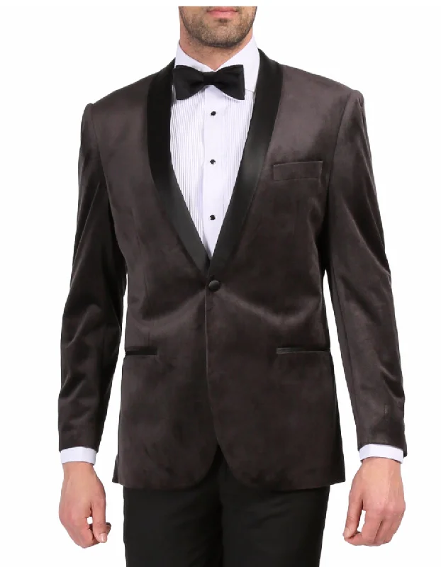 Luxe Casual Mens 1 Button Velvet Tuxedo Dinner Jacket in Grey