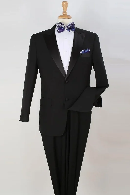 Statement Outfit Mens 2 Button Classic Fit Pleated Pant Peak Lapel Tuxedo in Black
