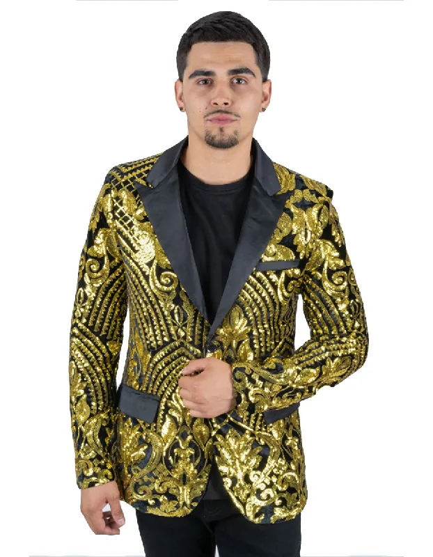 Simplistic Fashion Mens Black & Gold Paisley Sequin Prom Blazer Tuxedo
