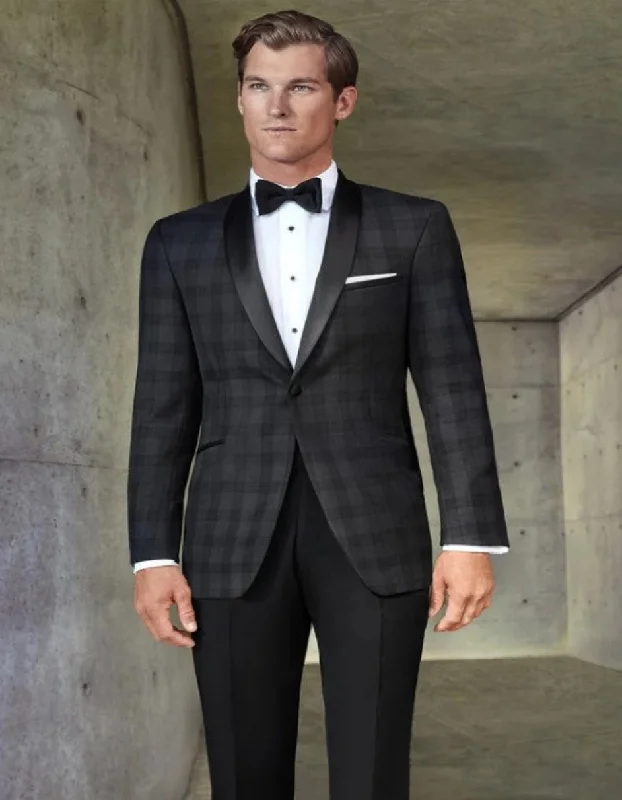 Parisian Style Mens Black Plaid Tuxedo Jacket Slim Fit Black with Grey Plaid Pattern Tuxedo Parisian Style Mens Black Plaid Tuxedo Jacket Slim Fit Black with Grey Plaid Pattern Tuxedo