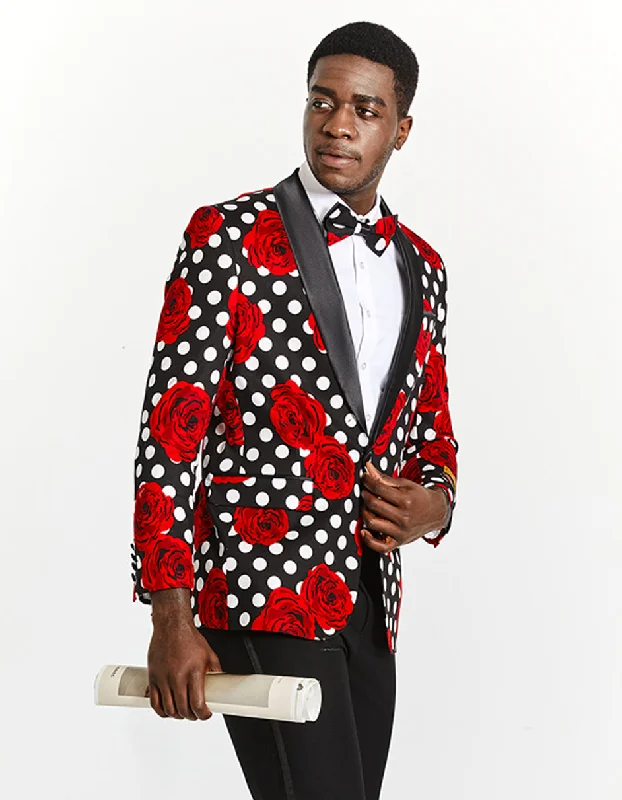 Retro Sporty Mens Black & White Polka Dot Prom Tuxedo Blazer with Red Roses