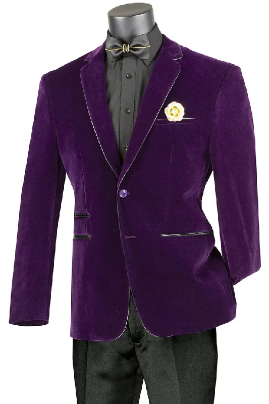 Minimal Chic Mens Blazer - Cheap Priced Mens Sport Coat -Mens 2 Button Velvet Blazer In Purple With Black Leather Piping Trim Minimal Chic Mens Blazer - Cheap Priced Mens Sport Coat -Mens 2 Button Velvet Blazer In Purple With Black Leather Piping Trim