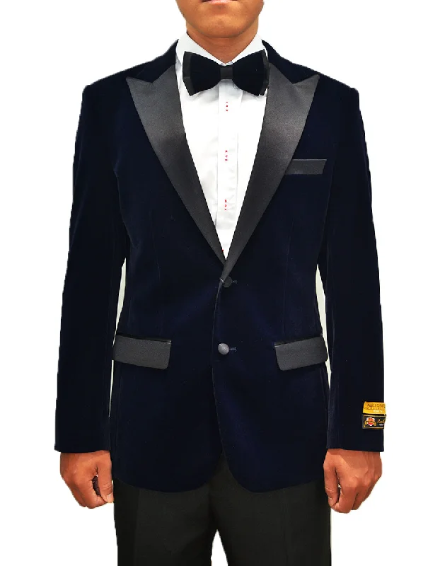 Vintage Boho Mens Classic Velvet Tuxedo Dinner Jacket in Navy