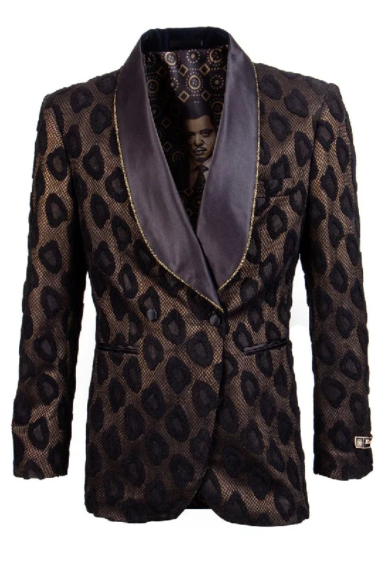 Bold Patterns Men's Double Breasted Cheetah Print Tuxedo Dinner Smoking Jacket in Black & Gold Bold Patterns Men's Double Breasted Cheetah Print Tuxedo Dinner Smoking Jacket in Black & Gold