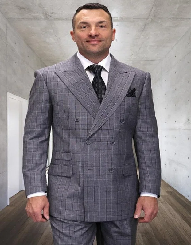 Smart Layers Mens Double Breasted Wool Suit Grey Plaid Regular Fit Black Gray