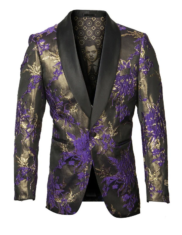 Cottagecore Fashion Mens Empire Purple Floral Shawl Dinner Jacket