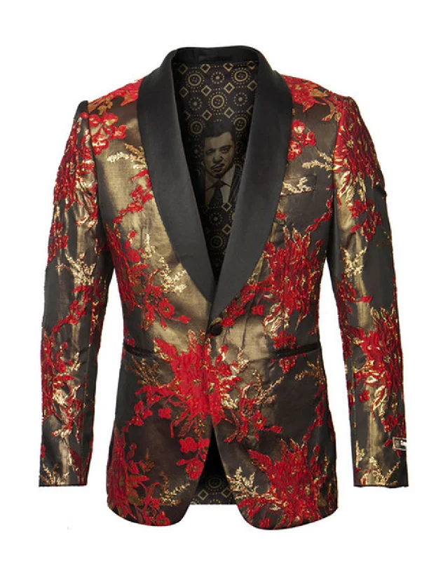 Soft Aesthetic Mens Empire Shawl Blazer in Red & Gold