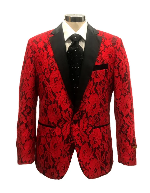 Classic Denim Mens Flower Pattern Lace Blazer in Red - Wedding - Prom
