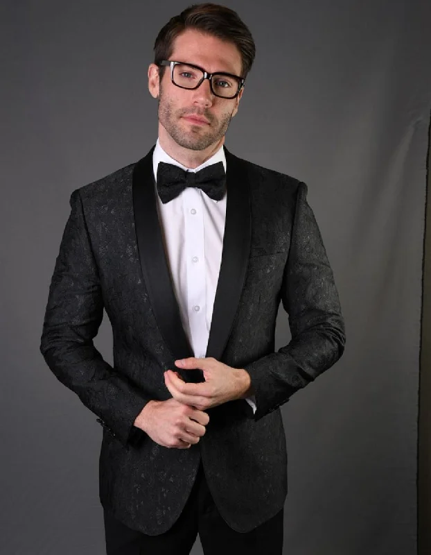 Parisian Style Mens Geometric Leaf Pattern Tuxedo in Black