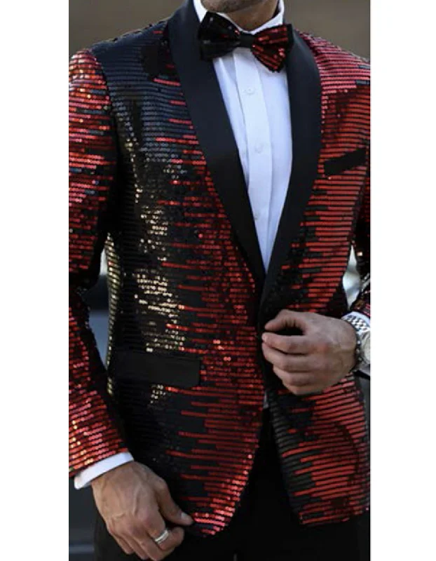 Elevated Casual Mens Horizontal Black & Red Sequin Blazer
