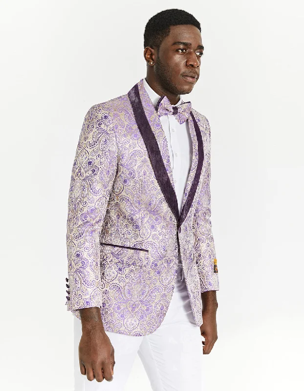 Contemporary Chic Mens Ivory and Light Purple Lavender Floral Paisley Prom and Wedding Tuxedo Blazer Contemporary Chic Mens Ivory and Light Purple Lavender Floral Paisley Prom and Wedding Tuxedo Blazer