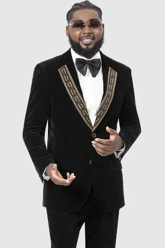 Elevated Casual Mens Modern Fit Velvet Tuxedo Suit with Gold Sequin Lapel Embellishment in Black Elevated Casual Mens Modern Fit Velvet Tuxedo Suit with Gold Sequin Lapel Embellishment in Black