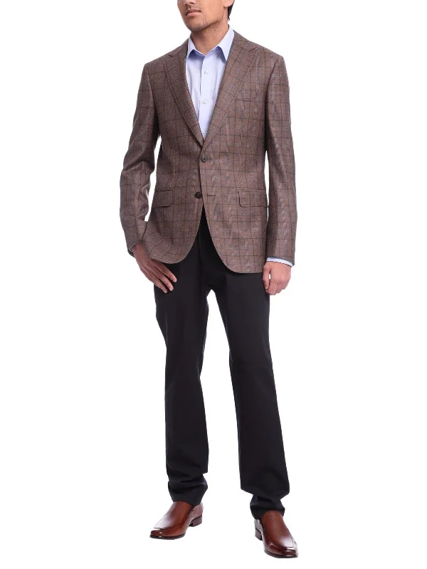 Earthy Tones Mens Napoli Slim Fit Brown Blue Plaid Half Canvassed Reda Wool Blazer Sportcoat Earthy Tones Mens Napoli Slim Fit Brown Blue Plaid Half Canvassed Reda Wool Blazer Sportcoat