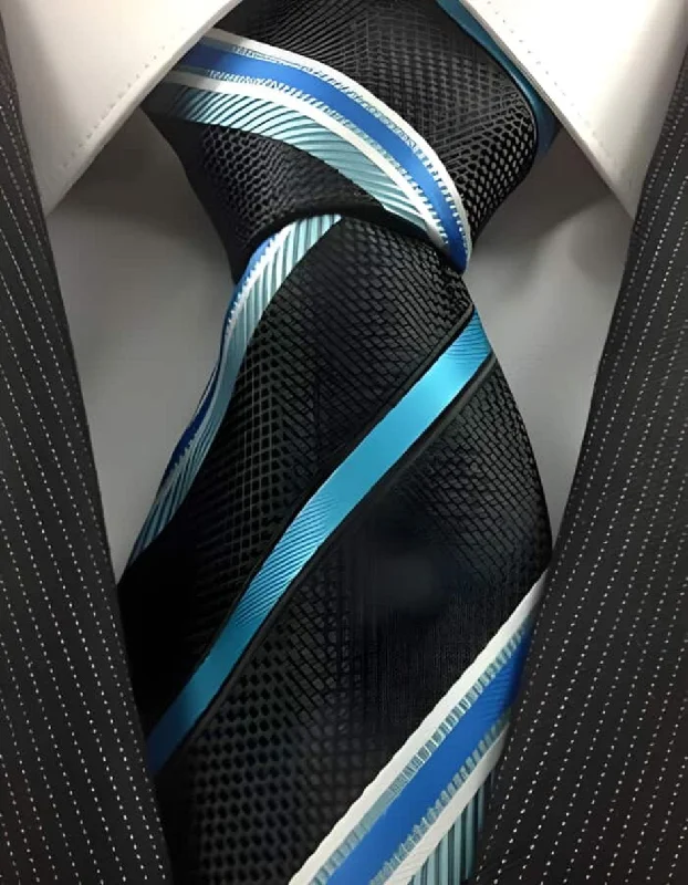 Luxury Streetwear Men's Neck Ties - Mens Dress Tie - Trendy Mens Ties Black Turquoise And White Stripe Stylish Fashion Neck Groomsmen Ties