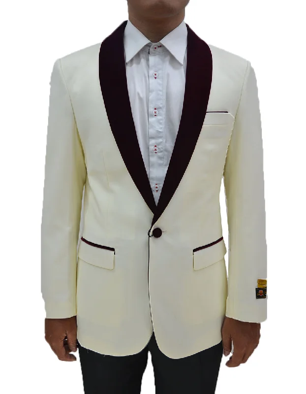 Retro Grunge Mens One Button Contrast Shawl Collar Dinner Jacket Ivory & Burgundy