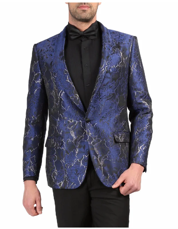 Casual Layering Mens One Button Floral Tuxedo Dinner Jacket in Blue