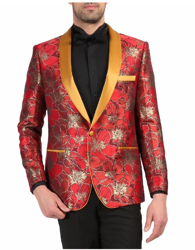 Relaxed Boho Mens One Button Floral Tuxedo Dinner Jacket in Red & Gold