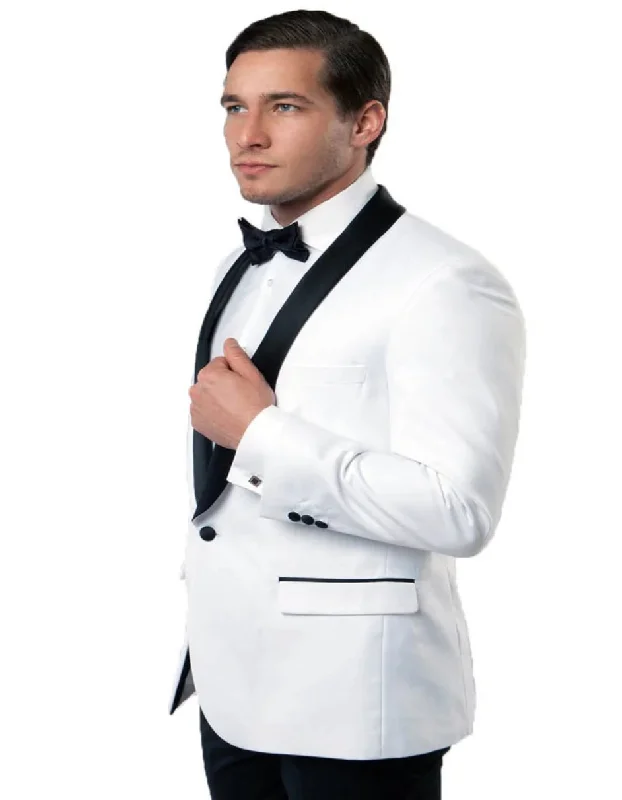 Chic Minimalist Men's One Button Shawl Lapel White and Black Dinner Modern Fit Jacket Chic Minimalist Men's One Button Shawl Lapel White and Black Dinner Modern Fit Jacket