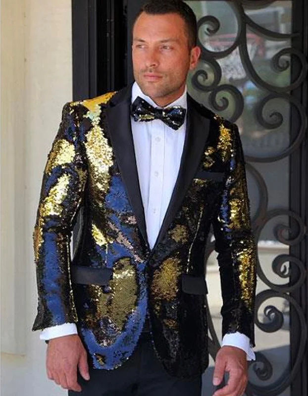 Bohemian Outfit Mens Reversible Black & Gold Sequin Blazer