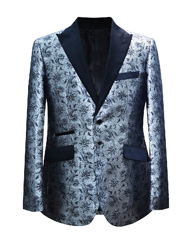 Classic Denim Mens Paisley Floral Tuxedo Jacket in Silver Grey & Black