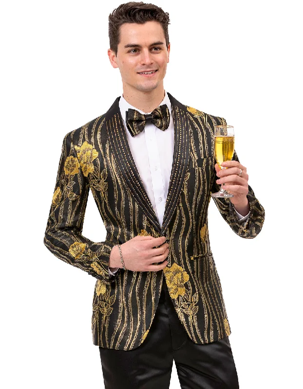 Casual Layers Mens Paisley Jeweled Shawl Prom Tuxedo Blazer in Black & Gold