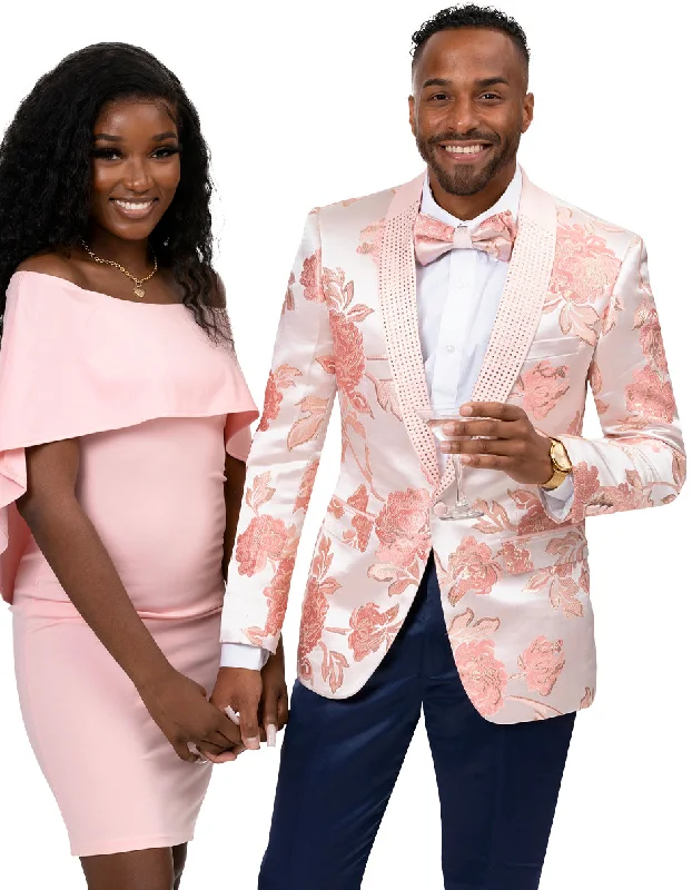 Statement Outfit Mens Paisley Jeweled Shawl Prom Tuxedo Blazer in Blush Pink