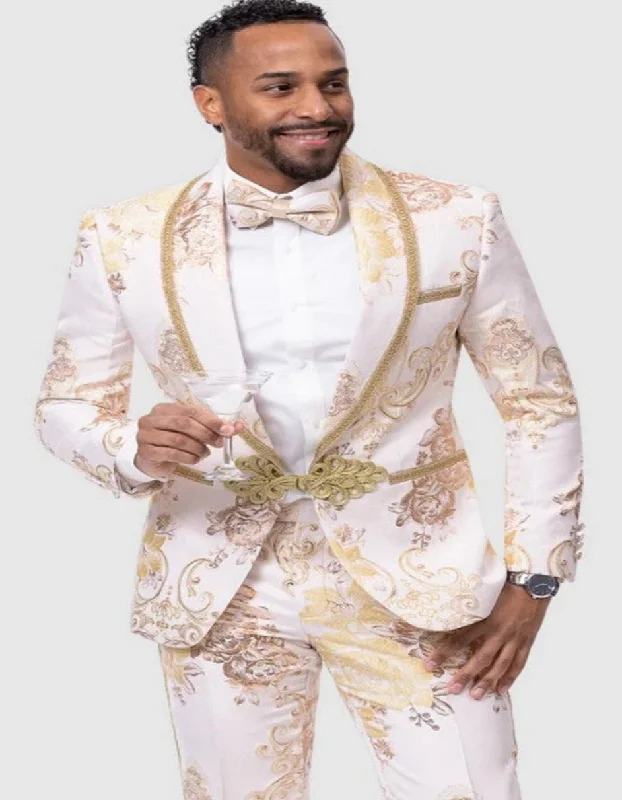 Sophisticated Look Mens Paisley Prom & Wedding Tuxedo in White & Gold