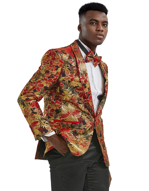 Bold Fashion Mens Paisley Shawl Prom Tuxedo Blazer in Red & Gold