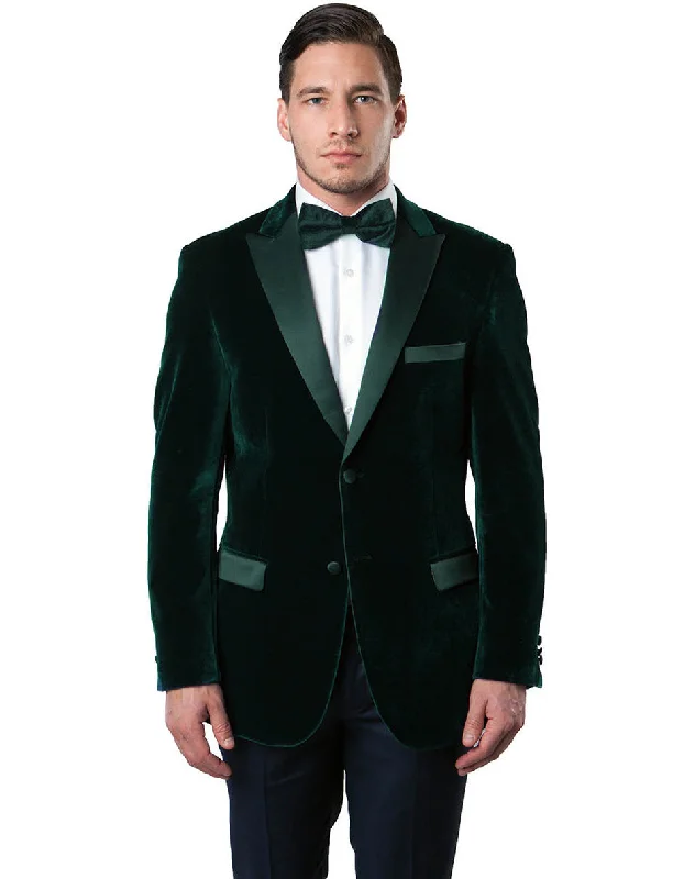 Contemporary Wear Mens Peak Lapel Velvet Tuxedo Jacket in Hunter Green