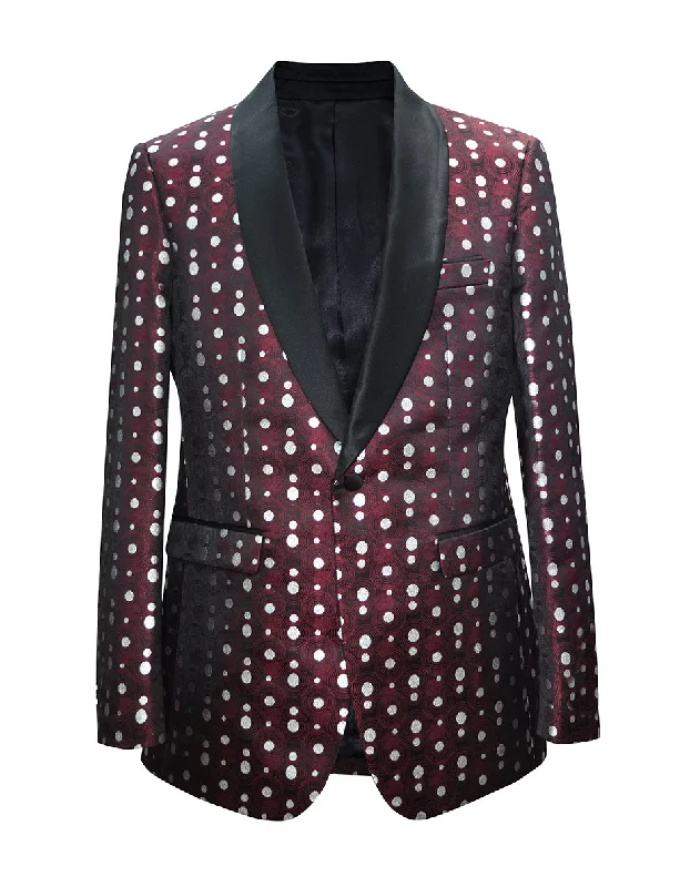 Modern Tailoring Mens Polka Dot Shawl Dinner Jacket in Burgundy