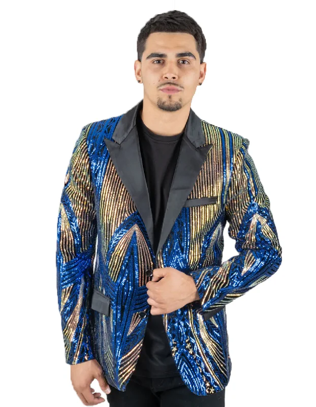 Rugged Streetwear Mens Royal Blue & Gold Linear Sequin Prom Blazer Tuxedo