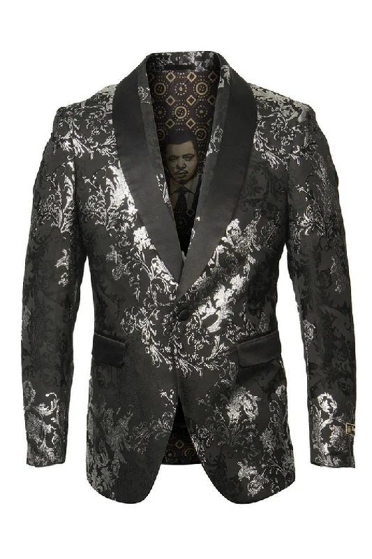 Lounge Wear Men's Shawl Collar Wedding Tuxedo Blazer in Black with Silver Foil Paisley Lounge Wear Men's Shawl Collar Wedding Tuxedo Blazer in Black with Silver Foil Paisley