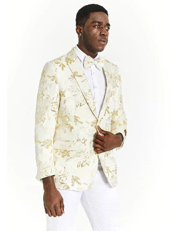 Rugged Outdoor Mens Skinny Fit Ivory & Gold Floral Prom Tuxedo Blazer