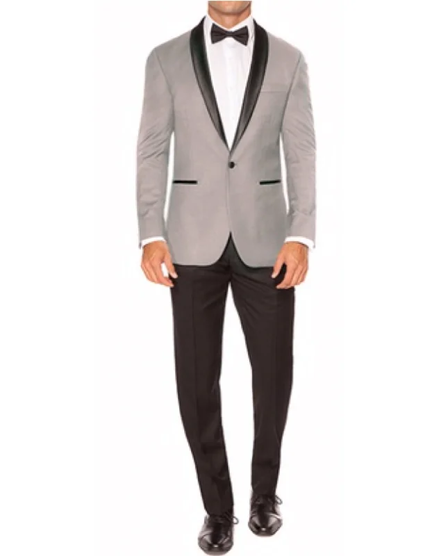 Travel Outfit Mens Slim Fit 1 Button Shawl Dinner Jacket in Light Grey