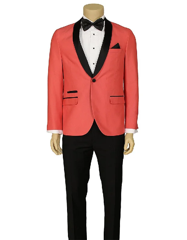 Business Casual Mens Slim Fit 1 Button Shawl Lapel Tuxedo in Salmon