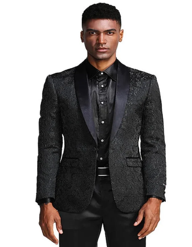 Distressed Denim Men's Slim Fit Wedding & Prom Tonal Paisley Black Tuxedo Jacket