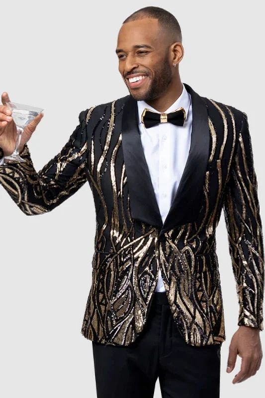 Smart Streetwear Mens Square Shawl Lapel Black & Gold Sequin Prom Tuxedo Jacket