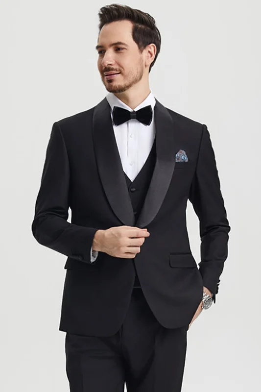 Futuristic Fashion Men's Stacy Adams Vested One Button Shawl Lapel Designer Tuxedo in Black Futuristic Fashion Men's Stacy Adams Vested One Button Shawl Lapel Designer Tuxedo in Black