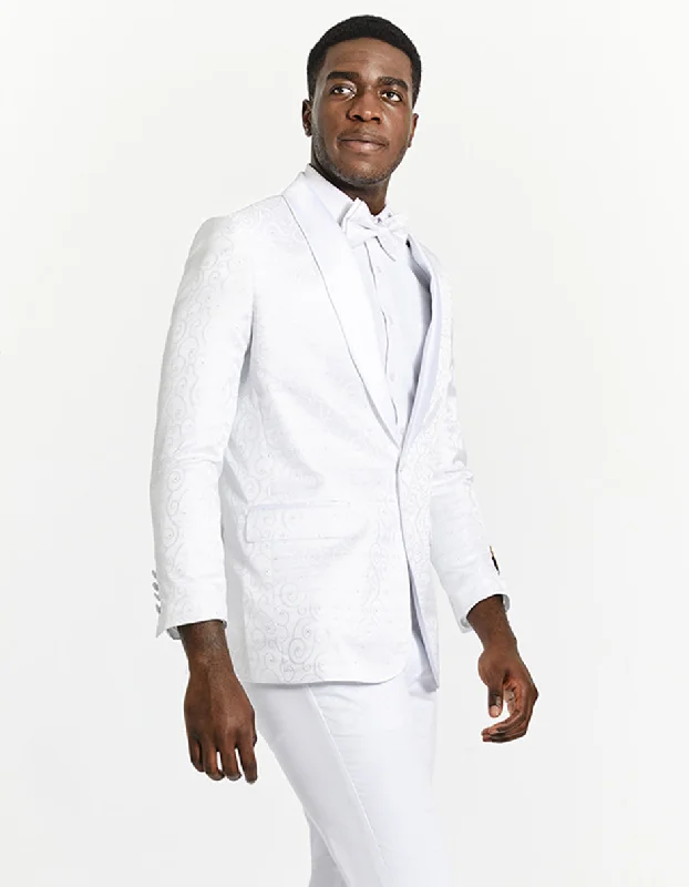 Bold Statement Mens Swirl and Diamond Prom Tuxedo Blazer in White