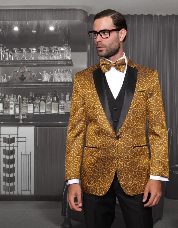 Fashion Forward Mens Swirl Paisley Prom Tuxedo in Gold & Black