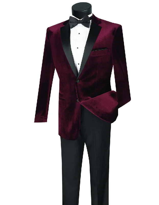 Tailored Fit Mens Velvet Notch Prom Tuxedo in Burgundy