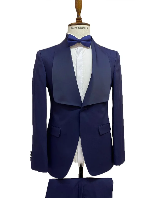 Chic Streetwear Mens Vested Designer Wide Square Shawl Tuxedo in Midnight Blue
